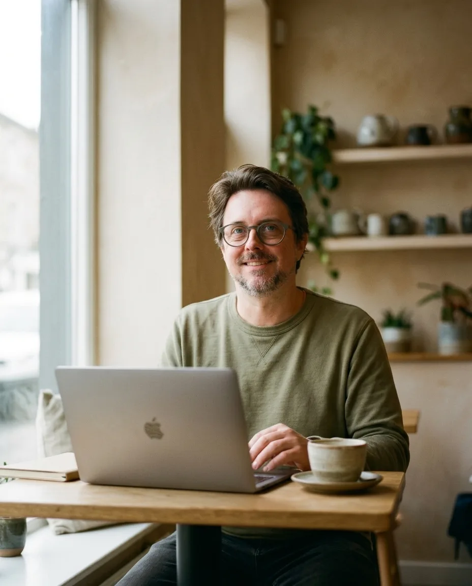 Michael Sanders, founder of Steady Scale, working at a laptop by the window of a neighbourhood coffee shop.