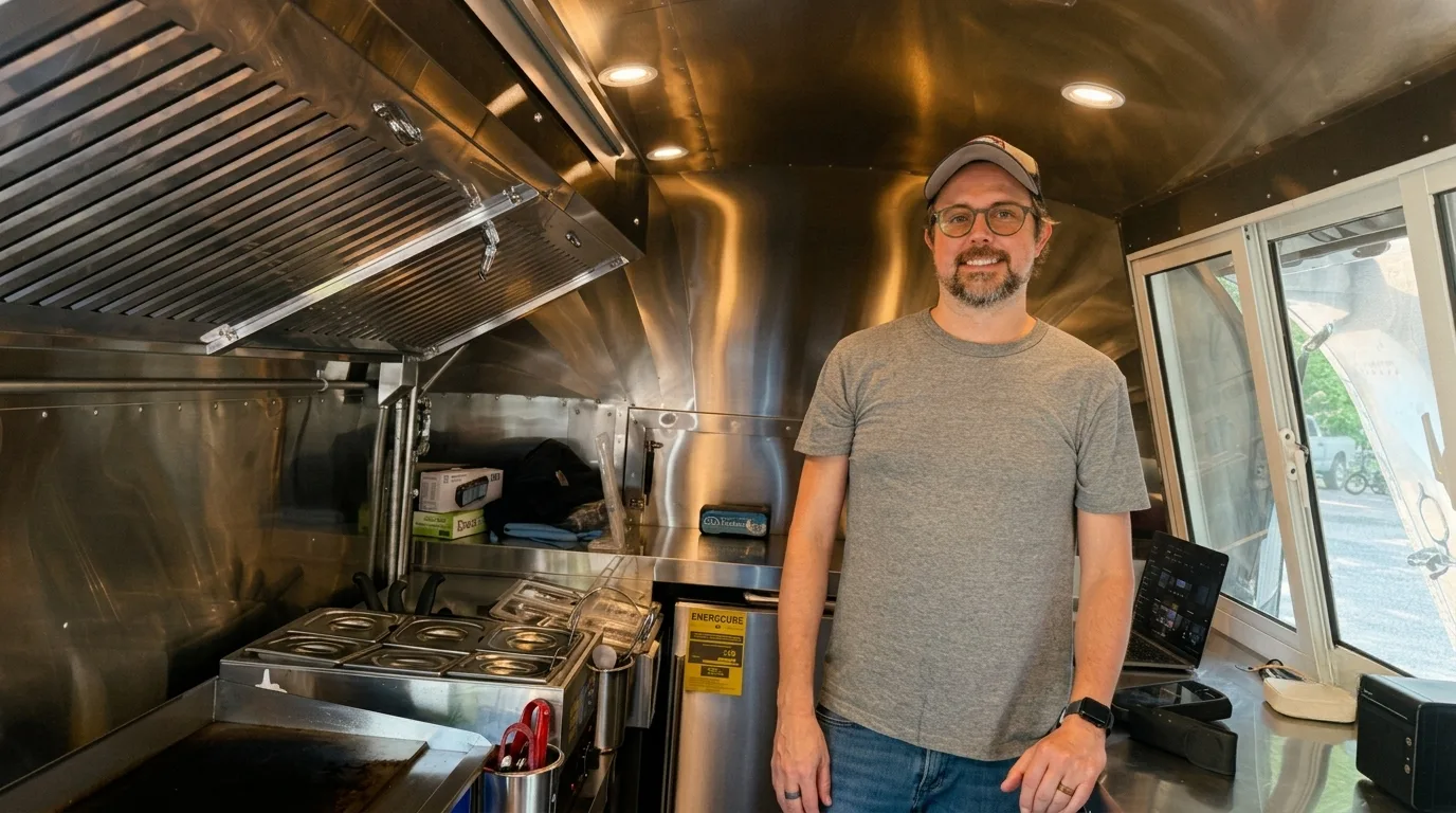 Michael Sanders standing beside the griddle in the stainless-steel kitchen of his Vaya Con Tacos trailer.