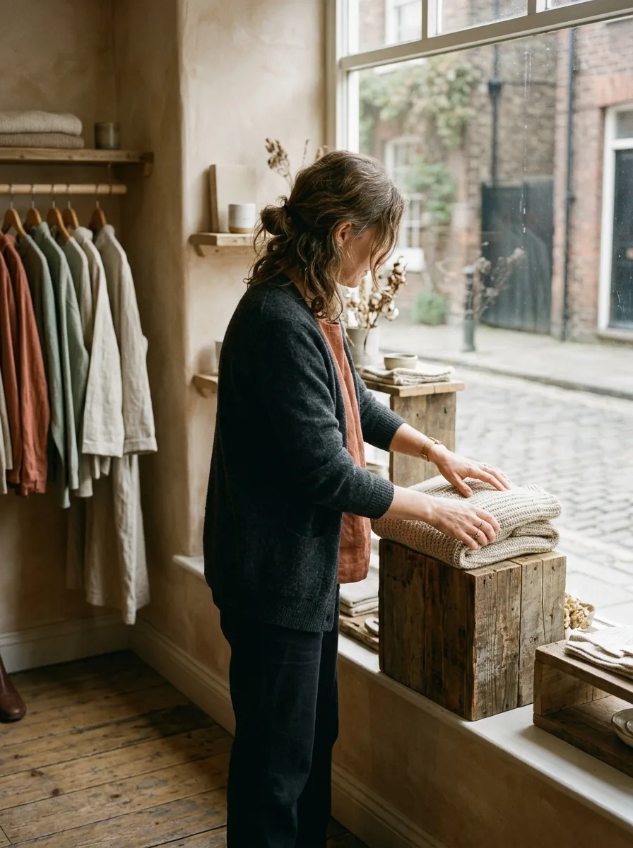 A boutique owner folding knitwear on a reclaimed-wood riser in a shop window.