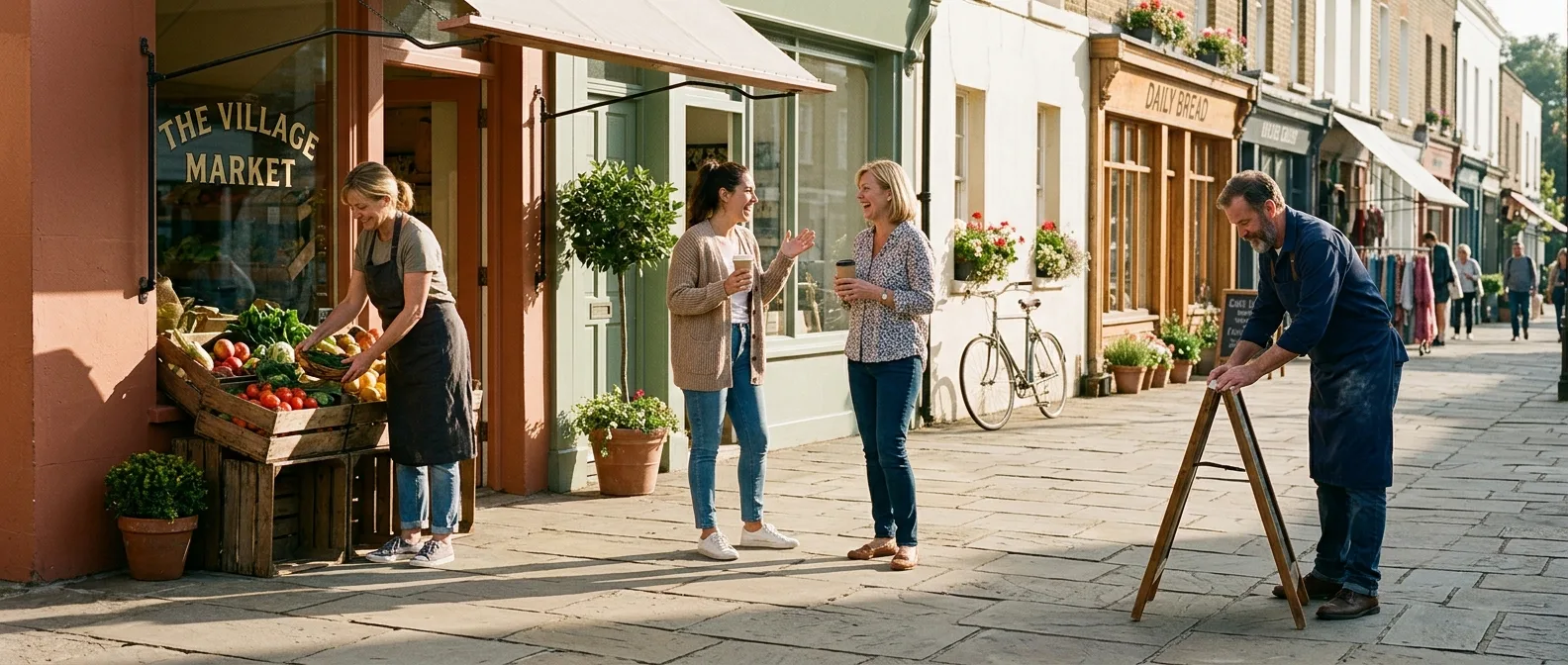 Owners of four neighbouring independent shops talking together on the pavement as they open up in the morning sun.