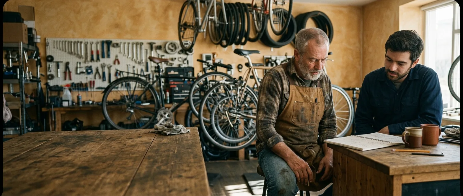 A bike shop owner and his Steady Scale partner working through a notebook together at the counter.