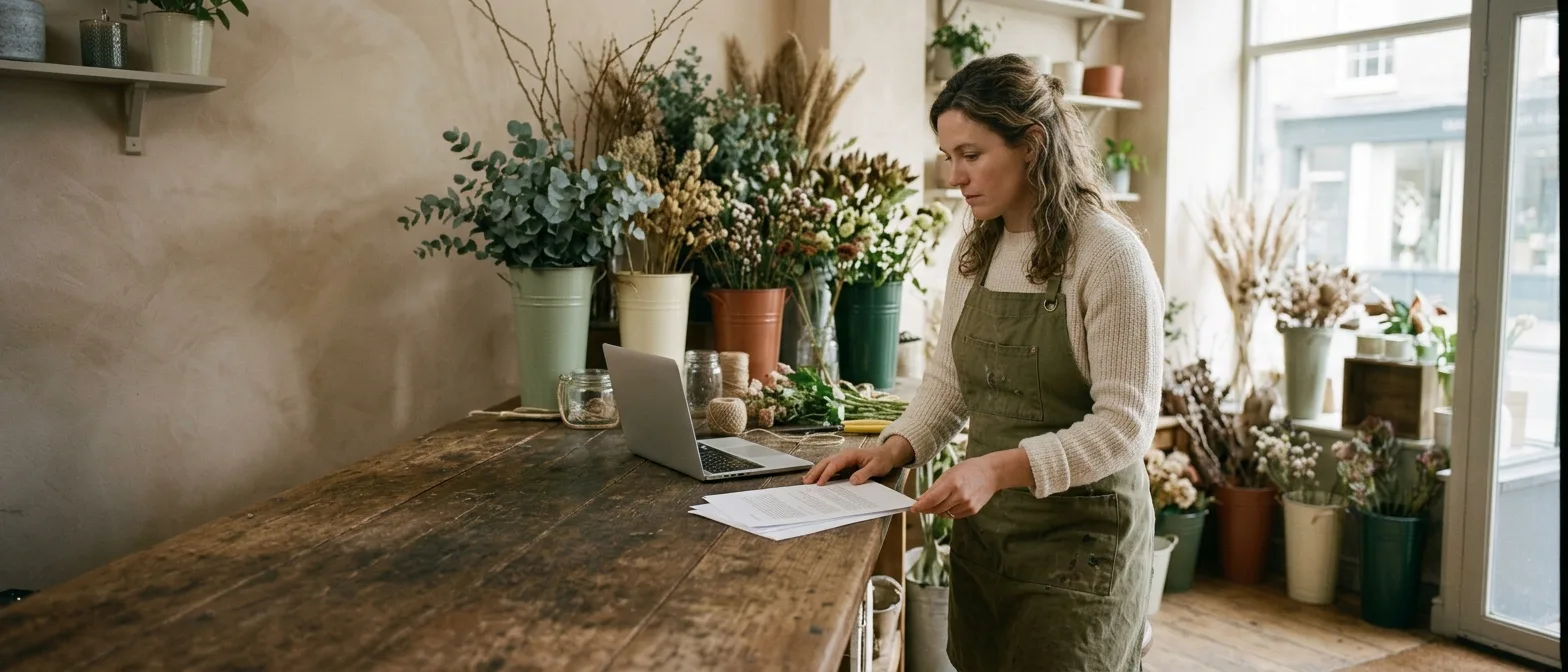 A florist reading through a finished plan at her workbench, laptop open beside her.